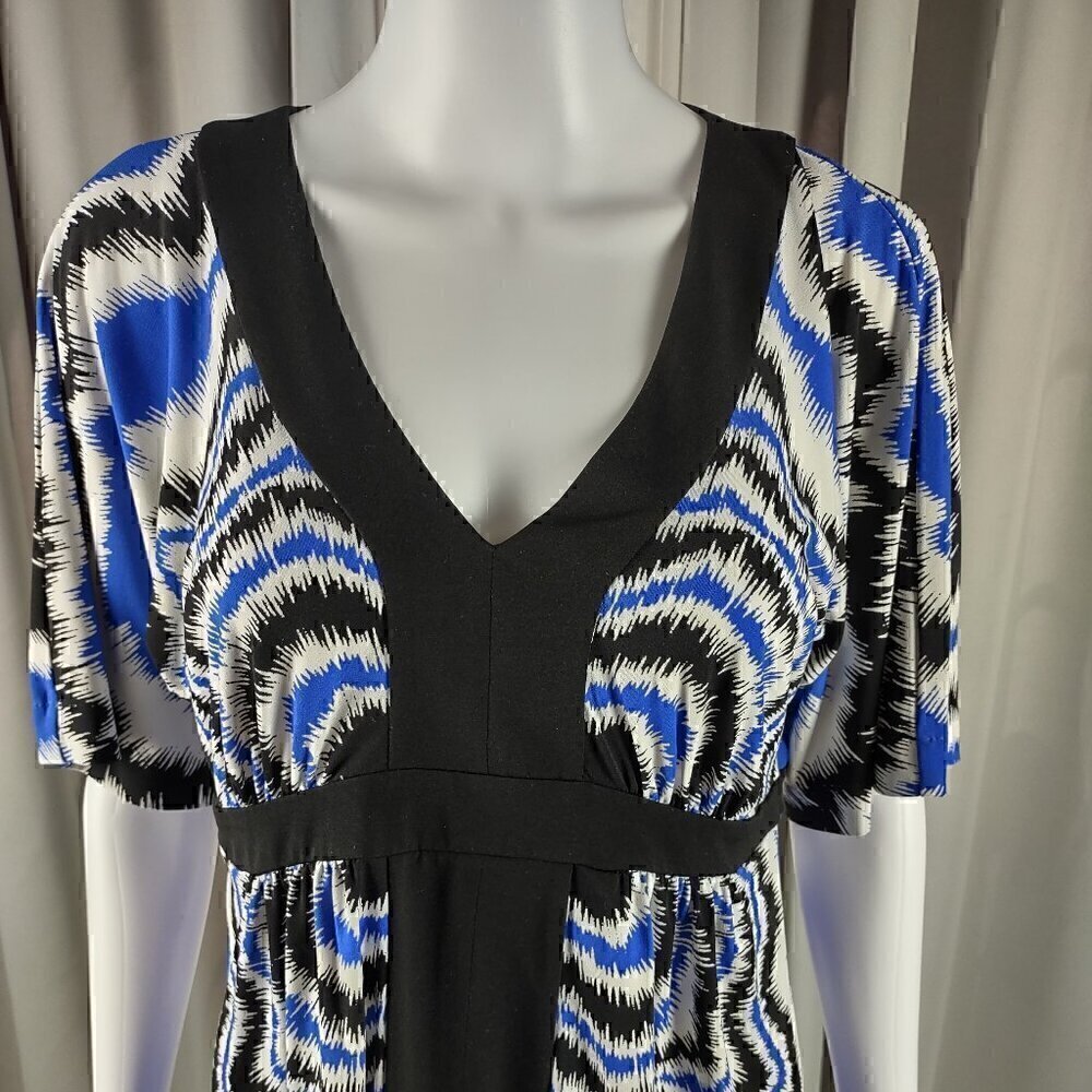 Nicole Miller Womens Patterned Kimono Sleeve Black Blue White Blouse Size M - Picture 2 of 11
